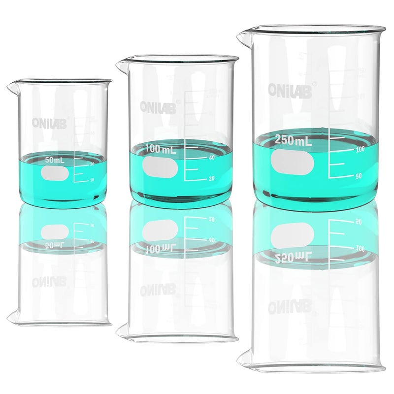 ONiLAB Glass Measuring Beaker Set 50ml 100ml 250ml (Pack of 3) 3.3 Boro Griffin Low Form with Printed Graduation Scientific Glassware for Laboratories, Classrooms or Home Use 13900244 - Image 1